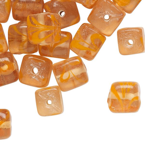 Bead, glass, translucent orange and clear, 9mm cube with swirl design. Sold per pkg of 50. image number 0