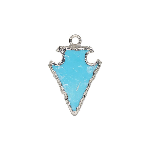 Drop, magnesite (dyed / stabilized) / electroplated silver / silver-plated sterling silver, blue, 20x15mm hand-cut arrowhead. Sold individually. image number 0