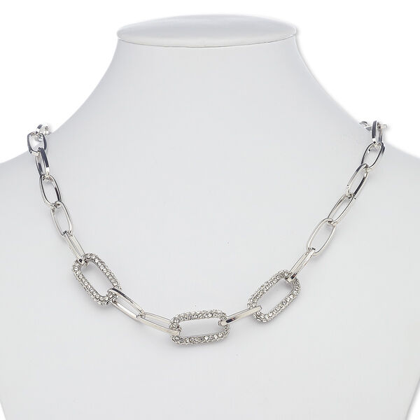 Necklace, glass rhinestone with silver-plated steel and "pewter" (zinc-based alloy), clear, link, 15 inches with 2-inch extender chain and lobster claw clasp. Sold individually. image number 0