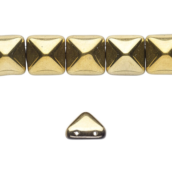 Spacer, Preciosa, Czech pressed glass, opaque bronze gold, 11x11x7.5mm 2-strand pyramid, fits up to 5.5mm bead. Sold per 8-inch strand, approximately 15 spacers. image number 0