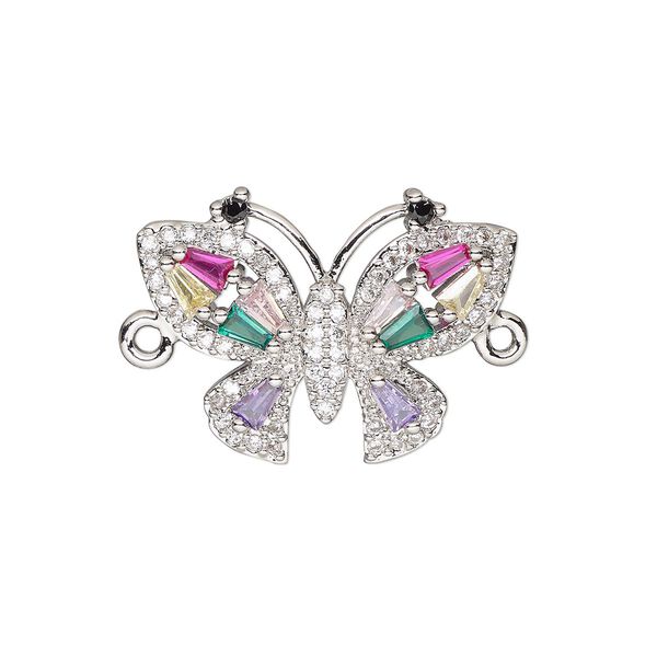 Link, cubic zirconia and silver-finished brass, multicolored, 21.5x16mm single-sided butterfly. Sold individually. image number 0