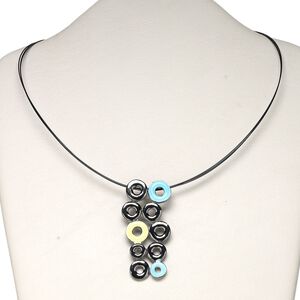 Necklace, 2-strand, gunmetal-finished "pewter" (zinc-based alloy) and steel, blue/yellow/black, 65x30mm multi-donut dangle, 16 inches with lobster claw clasp with 3-inch extender chain. Sold individually.