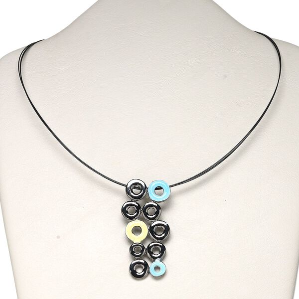Necklace, 2-strand, gunmetal-finished "pewter" (zinc-based alloy) and steel, blue/yellow/black, 65x30mm multi-donut dangle, 16 inches with lobster claw clasp with 3-inch extender chain. Sold individually. image number 0