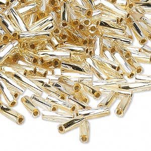 Bead, Miyuki, bugle bead, glass, pkg/50 g, 6x2mm center-drilled twisted, silver-lined translucent light gold/clear (TW-3931).
