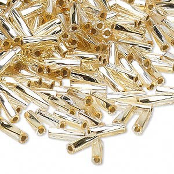 Bead, Miyuki, bugle bead, glass, pkg/50 g, 6x2mm center-drilled twisted, silver-lined translucent light gold/clear (TW-3931). image number 0