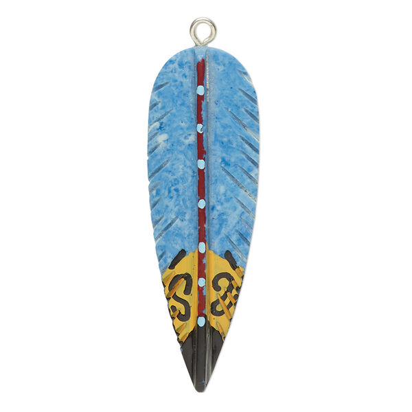 Focal, resin and silver-finished copper, lapis blue and multicolored, 36x12mm single-sided feather. Sold individually. image number 0