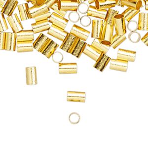 Crimp, gold-finished brass, 3x2mm round tube, 1.4mm inside diameter. Sold per pkg of 100.