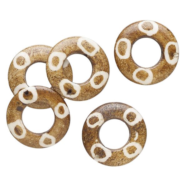 Component, bone (bleached), brown and white, 23-24mm donut, Mohs hardness 2-1/2. Sold per pkg of 5. image number 0