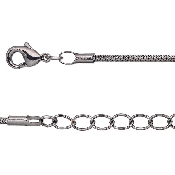 Chain, gunmetal-plated brass, 1.5mm snake, 18 inches with 1-inch extender chain and lobster claw clasp. Sold per pkg of 4. image number 0