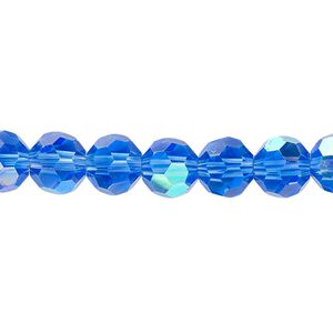 Bead 1pk 32 facets translucent medium blue AB, Celestial Crystal® 8mm round 15.5-16 inch