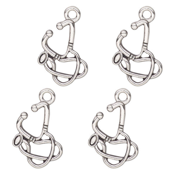 Charm, antique silver-finished "pewter" (zinc alloy), 17x13mm single-sided stethoscope. Sold per pkg of 4. image number 0