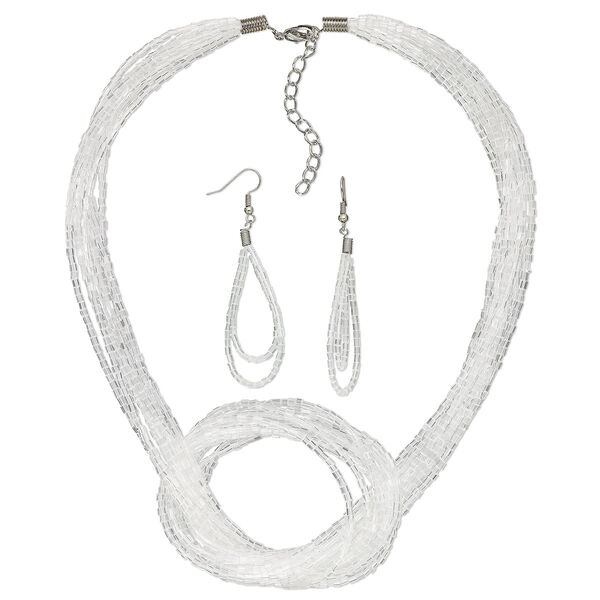 Necklace and earring set, Everyday Jewelry,  imitation rhodium-plated-steel and glass, clear, 16-inches with 2-inch extender chain, 3-inch earrings with fishhook ear wires, 19 gauge. Sold per set. image number 0