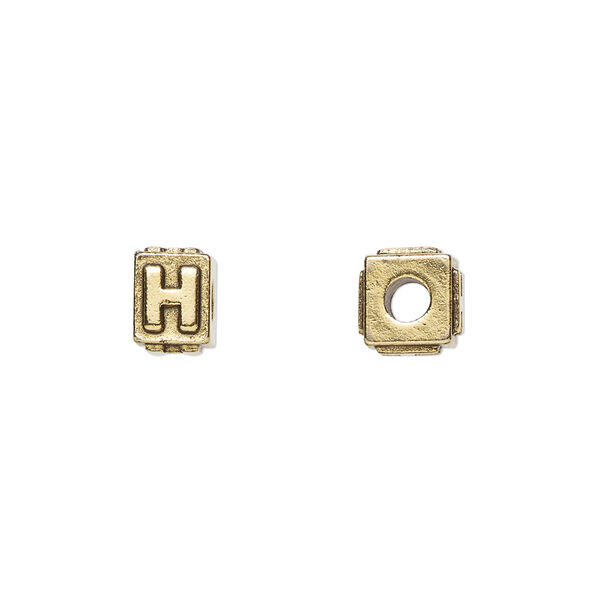 Bead, antique gold-plated pewter (tin-based alloy), 8x6mm rectangle with alphabet letter "H." Sold per pkg of 4. image number 0