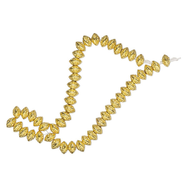 Bead, gold-plated "pewter" (zinc-based alloy), 6x4mm textured saucer. Sold per 7-inch strand, approximately 50 beads. image number 0