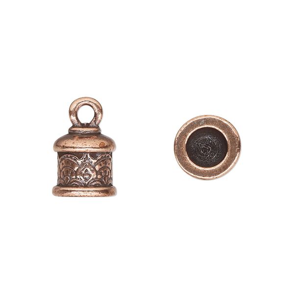 Cord end, glue-in, TierraCast®, antique copper-plated pewter (tin-based alloy), 10.5x10mm with temple design, 5.7mm inside diameter. Sold per pkg of 2. image number 0