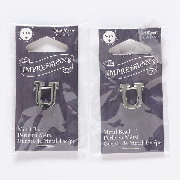 Bead, silver-finished "pewter" (zinc-based alloy), 13mm top-drilled alphabet letter "U" with 2mm hole. Sold per pkg of 2. image number 0