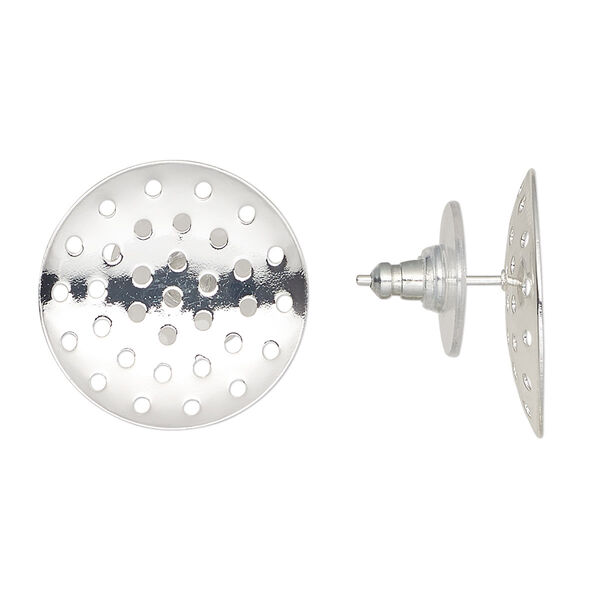 Earstud, acrylic and silver-finished brass, clear, 20mm perforated disk. Sold per pkg of 5 pairs. image number 0