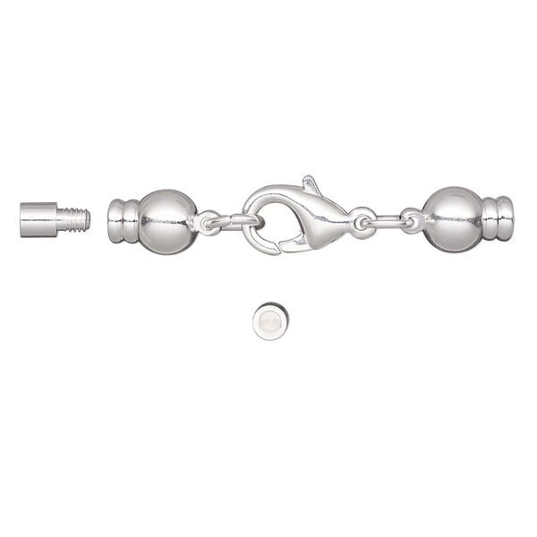 Clasp, lobster claw, silver-plated brass, 37x7mm with 13x7mm and 8x6mm twist-off cord ends, 2mm inside diameter. Sold per 3-piece set. image number 0