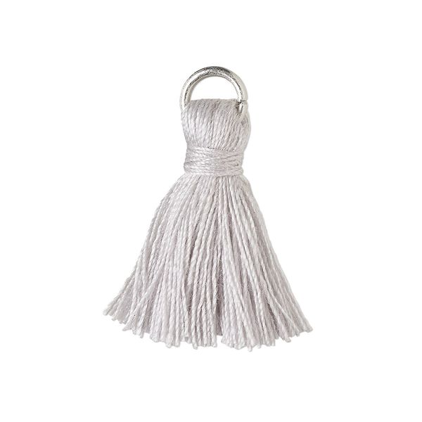 Tassel, cotton and imitation rhodium-finished steel, light grey, 20-24mm mini tassel with 6mm open jump ring. Sold per pkg of 6. image number 0
