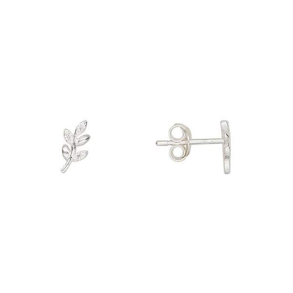 Earstud sterling silver / cubic zirconia 1pkg2, 9x4mm right- and left-facing leaf / earnuts included, Create Compliments® clear 1 pair image number 0