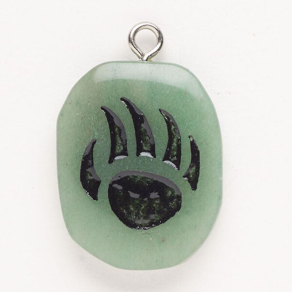 Focal, steel/green aventurine (natural)/enamel, pkg/1, silver finish and black, 30x24mm-39x27mm single-sided puffed freeform with bear claw, B grade. image number 0