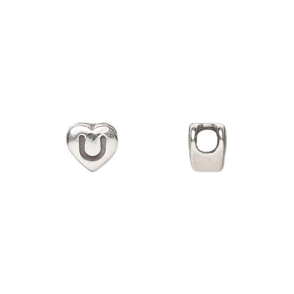 Bead, sterling silver, 7.5x7mm heart with alphabet letter "U." Sold individually. image number 0