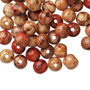 Bead mix, wood (coated), multicolored, 12mm hand-cut round with painted pattern. Sold per pkg of 100.