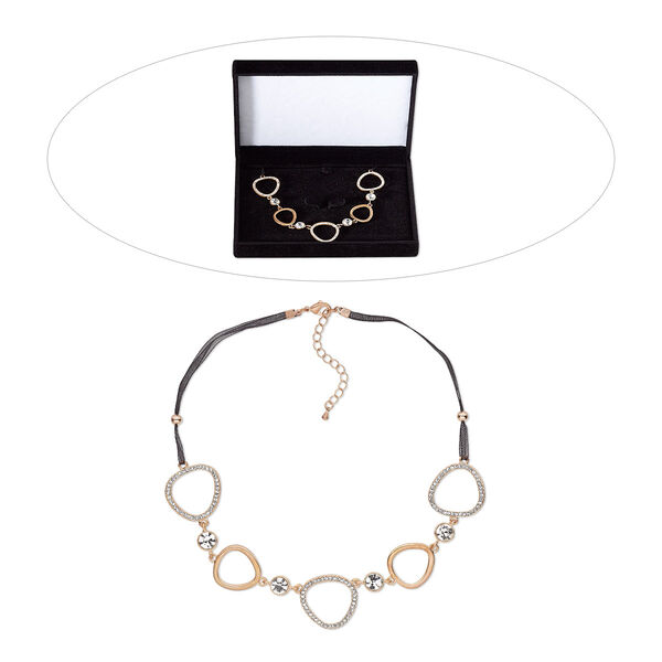 Necklace, Czech glass rhinestone / organza ribbon / rose gold-finished brass / steel / "pewter" (zinc-based alloy), clear and black, 16 inches with 2-inch extender chain and lobster claw clasp. Sold individually. image number 0