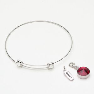 Bracelet bangle drop assortment 1pkg3 "pewter" (zinc-based alloy) / crystal, silver finish / garnet / clear 8 inches adjustable