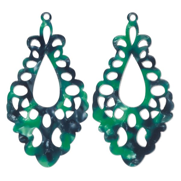 Focal, resin, green and dark green, 51.5x29mm fancy teardrop with cutouts. Sold per pkg of 2. image number 0