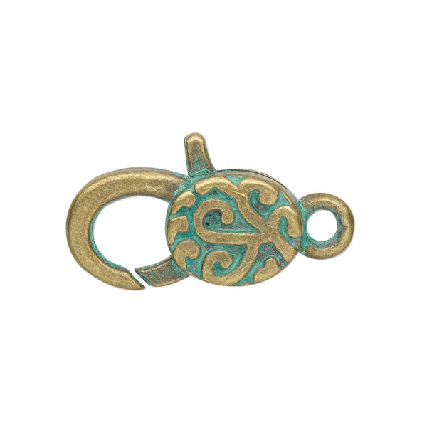 Clasp, lobster claw, antique brass-plated "pewter" (zinc-based alloy), green patina, 24.5x13mm double-sided with swirl design. Sold per pkg of 4. image number 0