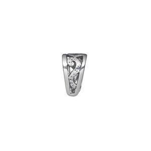 Bail, ice-pick, antiqued sterling silver, 12x8mm double-sided shield with open filigree, 10mm grip length. Sold individually.