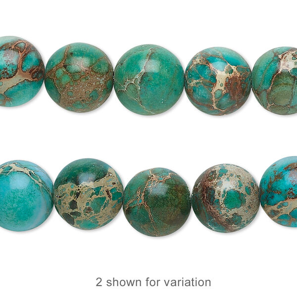 Bead, magnesite (dyed / stabilized), turquoise blue-green, 10mm round, B grade, Mohs hardness 3-1/2 to 4. Sold per 15-1/2 to 16-inch strand. image number 0