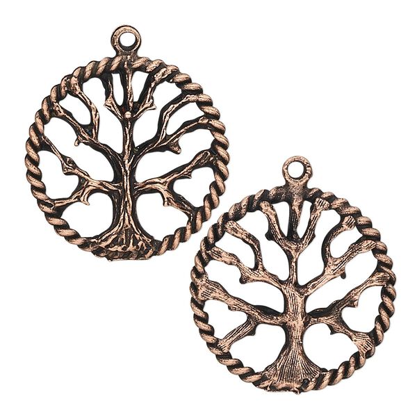 Charm, antique copper-plated pewter (tin-based alloy), 22mm tree of life. Sold per pkg of 2. image number 0