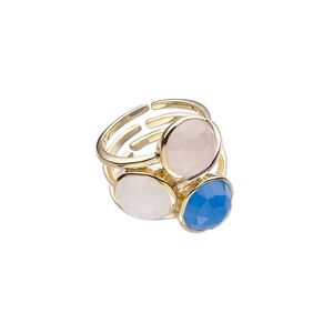 Ring, gold-finished sterling silver / rainbow moonstone / blue chalcedony (natural / dyed), 24.5mm wide, size 8. Sold individually.
