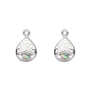 Drop, sterling silver and abalone shell (natural), 12x10mm filigree teardrop. Sold per pkg of 2.