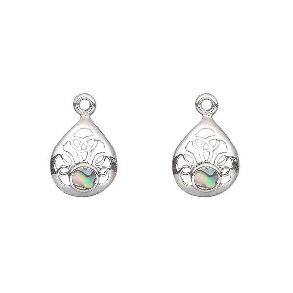 Drop, sterling silver and abalone shell (natural), 12x10mm filigree teardrop. Sold per pkg of 2. image number 0