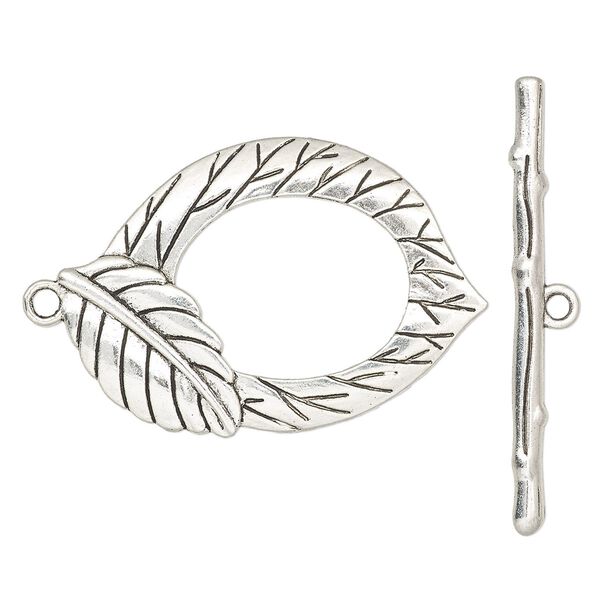 Clasp, toggle, antique silver-finished "pewter" (zinc-based alloy), 50.5x34.5mm oval with leaf and stick design. Sold individually. image number 0