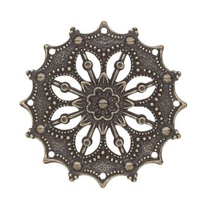 Focal, antique gold-plated brass, 34mm filigree flower. Sold per pkg of 10.