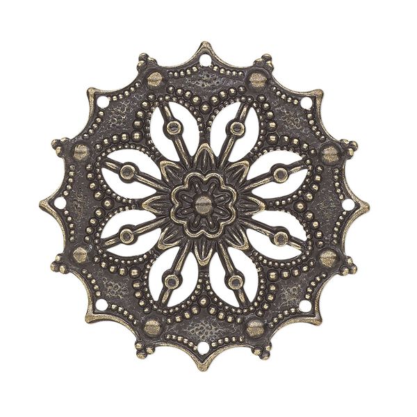 Focal, antique gold-plated brass, 34mm filigree flower. Sold per pkg of 10. image number 0