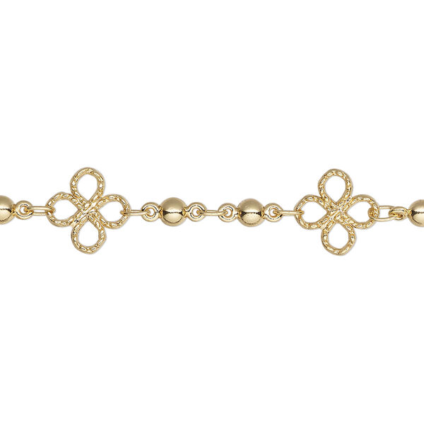 Chain, gold-finished brass, 8mm clover with 3mm bead. Sold per pkg of 5 feet. image number 0