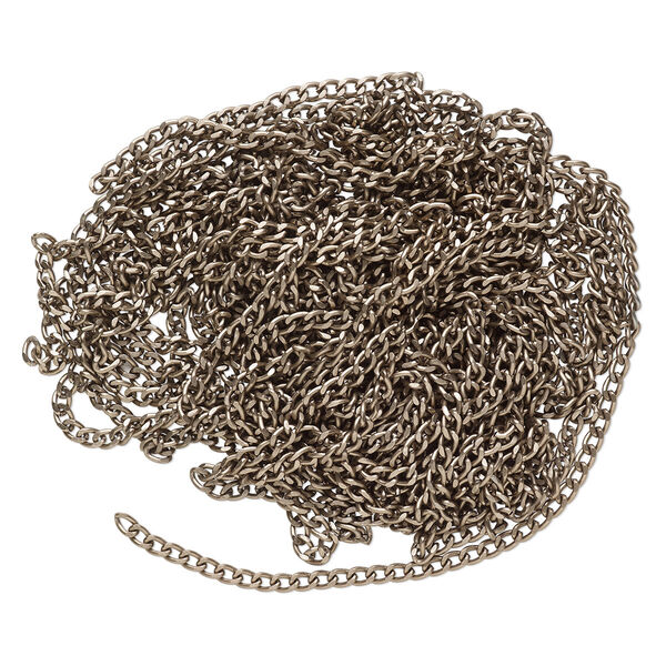 Chain, anodized aluminum, antique silver, 4mm curb. Sold per 25-foot section. image number 0