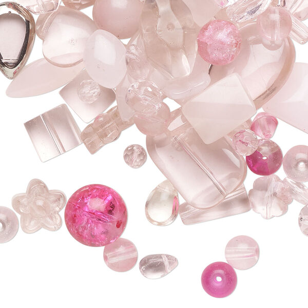 Bead mix, glass, translucent and transparent multi-pink, 5mm-30x19mm mixed shapes. Sold per 1/4-pound pkg, approximately 90 beads. image number 0
