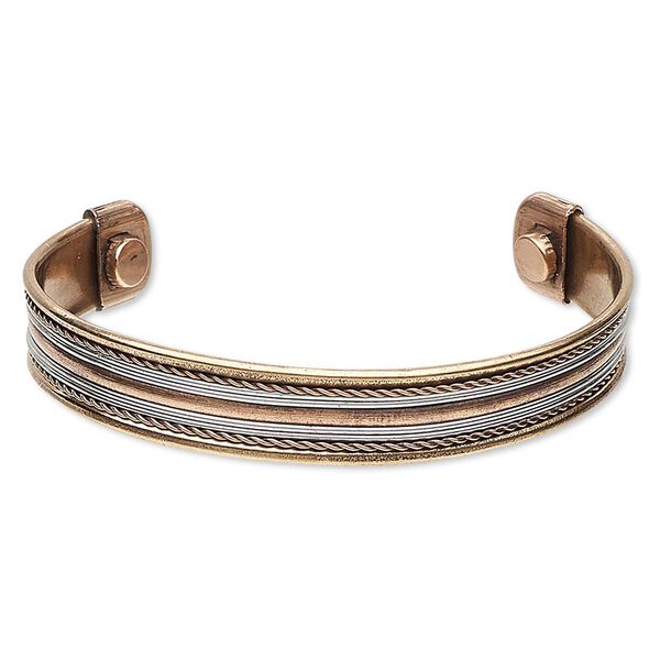 Bracelet, cuff, copper and steel, 12mm wide with twist design, adjustable from 7-1/2 to 8 inches with magnetic ends. Sold individually. image number 0