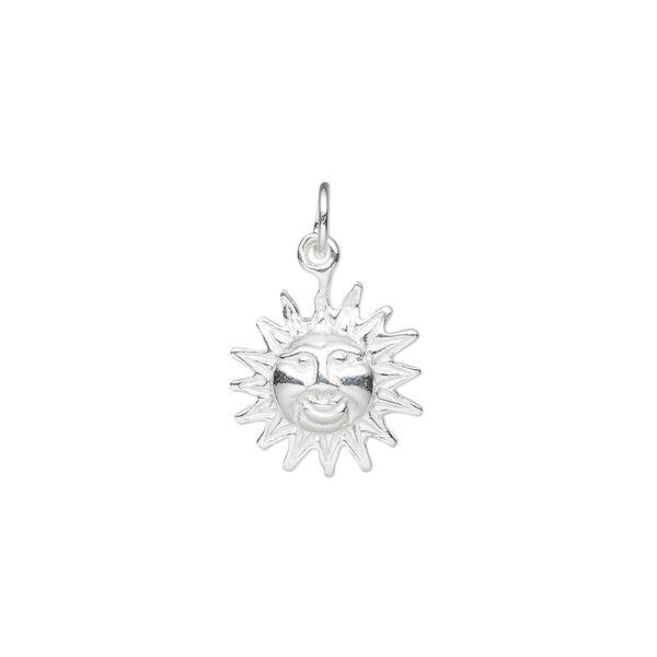 Charm, sterling silver, 12mm sun face. Sold per pkg of 2. image number 0