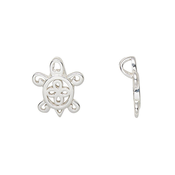 Pendant, sterling silver, 15.5x13mm single-sided turtle with hidden bail. Sold individually. image number 0