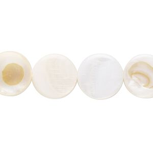 Bead, mother-of-pearl shell (natural / bleached), white, 13mm flat round with 0.6-0.8mm hole, Mohs hardness 3-1/2. Sold per 15-inch strand.