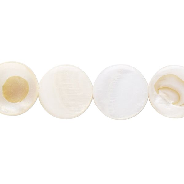 Bead, mother-of-pearl shell (natural / bleached), white, 13mm flat round with 0.6-0.8mm hole, Mohs hardness 3-1/2. Sold per 15-inch strand. image number 0