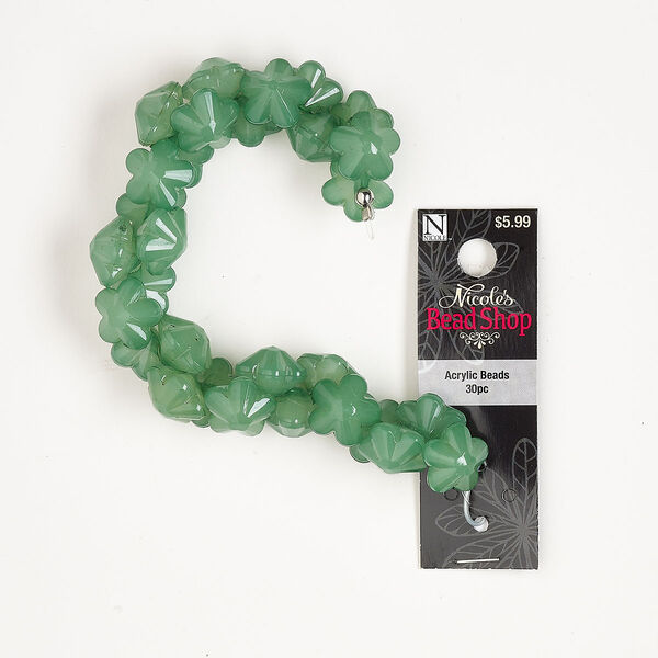 Bead, acrylic, green, 11x6mm-12x7mm top-drilled faceted puffed flower. Sold per pkg of 30. image number 0