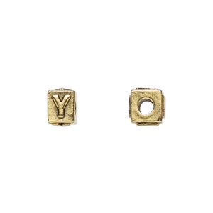 Bead, antique gold-plated pewter (tin-based alloy), 8x6mm rectangle with alphabet letter "Y." Sold per pkg of 4.
